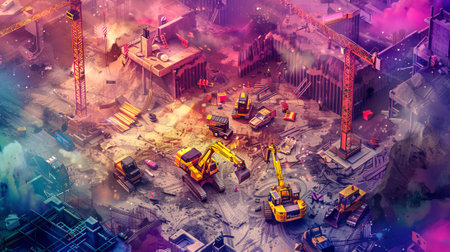 Watercolor Illustration of a Vibrant Construction Site with Cranes and Machinery. Concept of Urban Development, Engineering, Industrial Progress, and Modern Architecture.の写真素材