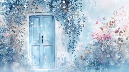 Serene watercolor illustration of a charming blue cottage door surrounded by blooming flowers.の写真素材