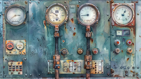 Vintage watercolor illustration of a close-up power station control panel. concept of industrial machinery, engineering, and technical design.の写真素材