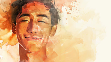 Watercolor illustration of a smiling asian man with eyes closed in warm tones concept of peaceful relaxation and artful expression.の写真素材