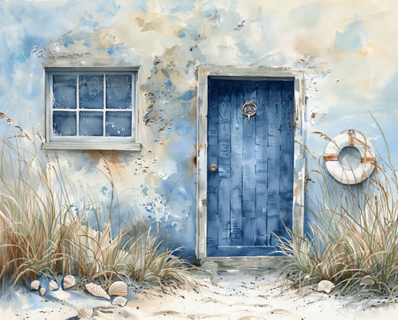 Charming coastal cottage door with seashells and lifebuoy in watercolor illustration.の写真素材