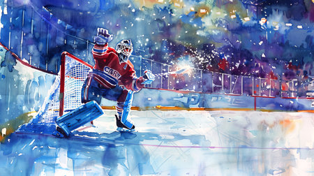 Dynamic watercolor illustration of a hockey goalie saving a shot on ice rink.の写真素材
