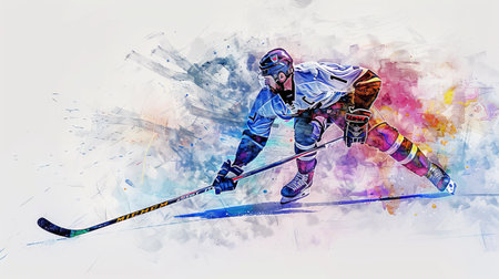 Dynamic watercolor illustration of a hockey player in action.の写真素材