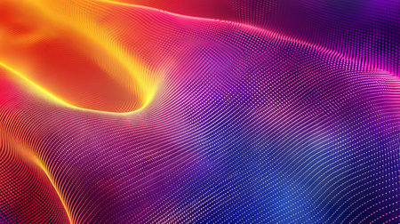 Vibrant abstract gradient background with flowing mesh texture in shades of orange, pink, purple, blue. Concept of digital art, futuristic design, colorful abstract wallpaper, dynamic wave patterns.の写真素材