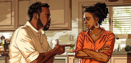 Digital art of African American couple in intense discussion at home. Concept of relationships, communication, emotions, domestic life, argument, conflict, relationship tension, dispute resolution.の写真素材