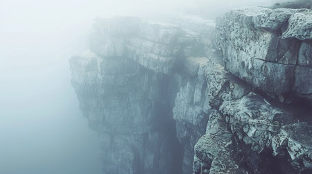 Mysterious Coastal Cliffside Shrouded in Dense Fog Overlooking Calm Ocean Waters. Concepts of...