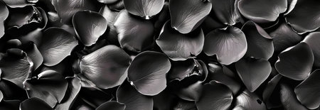 Elegant Black Rose Petals with Dew Drops Creating a Beautiful Floral Pattern Concept of Elegance, Nature's Beauty, Floral Art, and Delicate Textures. Banner. Copy space.の写真素材