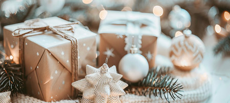 Festive Christmas Scene with Beautifully Wrapped Gifts and Ornaments. Concept of Holiday Celebration, Winter Decoration, Festive Ambiance, and Gift Giving.の写真素材
