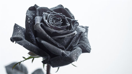 Black Rose with Dew Drops Highlighting Nature's Elegance and Delicate Floral Beauty. Isolated on white background. Copy space.の写真素材