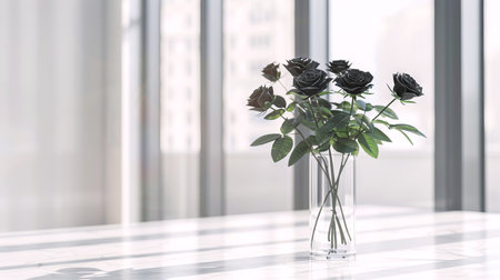 Elegant Black Roses in a Clear Glass Vase on a Sunlit Table Concept of Modern Floral Arrangement, Minimalistic Decor, and Sophisticated Home Interior. Copy space.の写真素材