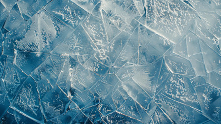 Aerial View of Cracked Ice Surface with Intricate Patterns. Concept of Natural Textures, Winter Beauty, Cold Environment, and Fragility of Nature. Banner. Background. Copy space.の写真素材
