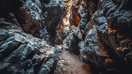Narrow Rocky Cave Passageway with Jagged Rocks and Subtle Sunlight. Concept of Natural Exploration, Adventurous Journey, Geological Features, and Rugged Terrain.の写真素材
