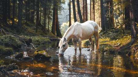 White Pony Drinking from a Clear Stream in a Forest. Concept of tranquility, nature, wildlife, serene landscapes, cute little horse, and forest beauty.の写真素材