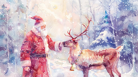 Watercolor Illustration of Santa Claus with Reindeer in a Snowy Forest. Concept of Holiday Magic, Winter Wonderland, Christmas Traditions, and Festive Spirit.の写真素材