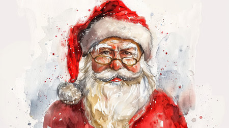 Santa Claus Watercolor Illustration Featuring a Joyful Expression in a Snowy Scene. Concept of Holiday Cheer, Christmas Spirit, and Festive Celebrations. Copy space.の写真素材