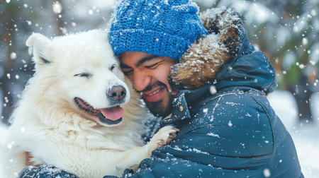 Smiling Man Enjoying a Snowy Day with His Fluffy White Dog. Concept of Winter Companionship, Joyful...