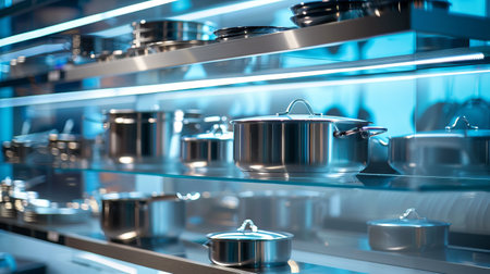 Display of modern stylish cookware on shelves in a kitchenware store. Concept of shopping, kitchen...