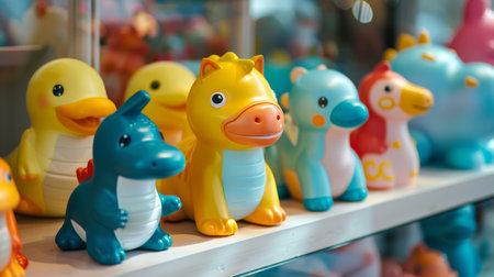 Colorful Children's Toys Displayed in Store Window. Concept of Childhood Joy, Imagination, Playtime Fun, and Window Shopping Adventure.の写真素材