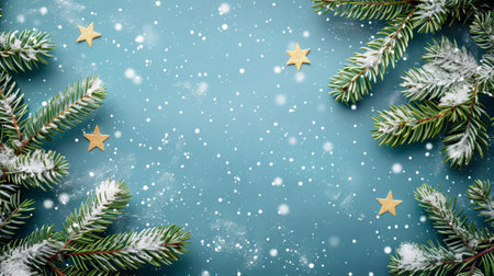 Festive Fir Tree Border with Golden Stars on Snowy Blue Background. Concept of Winter Holiday, Christmas Decoration, Seasonal Celebration. Copy space.