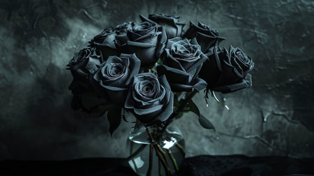 Elegant Dark Black Roses in an Intricate Vase on a Mysterious Background. Concept of Gothic Beauty, Floral Arrangement, Dark Aesthetics.の写真素材