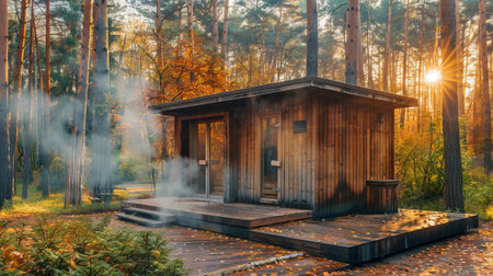 Outdoor wooden sauna house surrounded by forest trees with steam rising in the autumn sunlight. Concept of relaxation, wellness, nature retreat, and outdoor spa.の写真素材