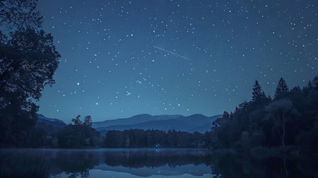 Clear night sky filled with countless stars and a shooting star over a calm lake reflecting the silhouette of distant mountains and trees. Concept of serenity, nature's beauty, and cosmic wonder.の写真素材