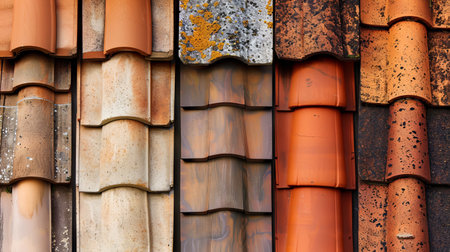 Rustic Terracotta Roof Tiles Close-Up Displaying Diverse Patterns and Textures for Traditional...