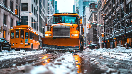 Large orange snowplow truck clearing snow on a city street during winter. Concept of urban maintenance, winter road safety, snow removal, and public service.の写真素材