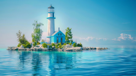 Scenic Lighthouse on a Tranquil Island Surrounded by Calm Waters, Concept of Seaside Solitude, Peaceful Nautical Retreat, Natural Serenity.の写真素材