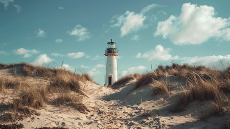 Modern Lighthouse on a Sandy Beach Surrounded by Dunes Against a Blue Sky-Concept of Coastal Tranquility, Nautical Guidance, Scenic Landscapes.の写真素材