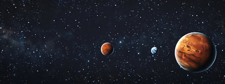 Illustration of planets and stars in space with Mars, Earth, and another celestial body. Concept of astronomy, space exploration, and planetary science. Banner.の写真素材