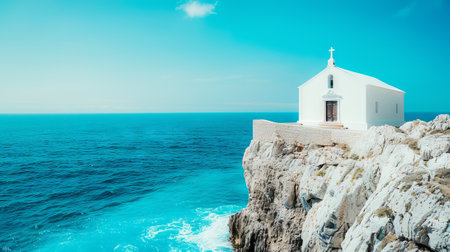 White Seaside Church Perched on a Cliff Overlooking Turquoise Ocean Waters. Concept of Tranquility, Coastal Serenity, Religious Solitude.の写真素材