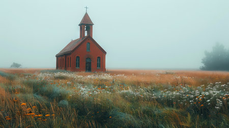 Charming Rural Red Brick Church in Misty Field with Wildflowers and Trees Surrounding. Concept of Tranquil Countryside, Historical Architecture, Nature Harmony.の写真素材