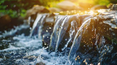 Peaceful Sunlit Garden Waterfall with Flowing Streams, Lush Greenery, and Bright Sunbeams: The Concept of Tranquil Outdoor Spaces, Natural Beauty, and Relaxation.の写真素材