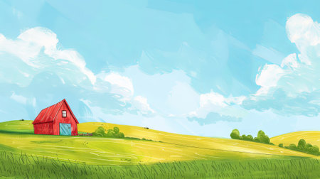 Vibrant Rural Landscape with Red Barn and Tree Under a Sunny Blue Sky. Concept of Nature's Beauty, Serenity, Agriculture. Digital illustration.の写真素材