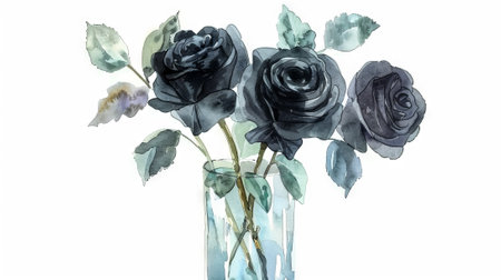 Elegant Watercolor Illustration of Black Rose Bouquet in Glass Vase. Concept of Floral Art, Natural Beauty, Botanical Expression. Isolated on white background.の写真素材