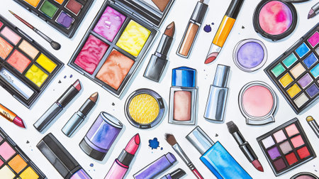 Watercolor Art of Vibrant Cosmetic Products Featuring Lipsticks, Eyeshadows, and Brushes for Beauty and Makeup Enthusiasts. White background.の写真素材