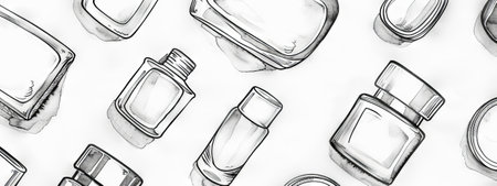 Watercolor Illustration of Assorted Empty Skincare Bottles Highlighting Beauty Products, Minimalist...