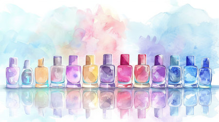 Colorful Watercolor Illustration of Pastel Nail Polish Bottles Reflecting on a Surface Concept of Fashion, Beauty, Creativity, Artistic Expression. Copy space.の写真素材
