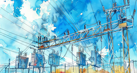 Watercolor Illustration of a High Voltage Electrical Power Station Under a Bright Blue Sky for...