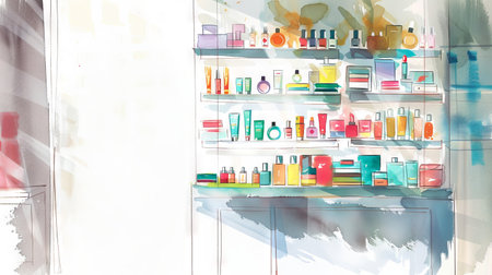 Watercolor Illustration of a Skincare and Beauty Products Shelf in a Modern Bathroom. Concept of Self-Care, Personal Grooming, Beauty Routine, and Interior Design. Copy space.の写真素材