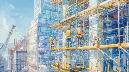Watercolor Illustration of Diverse Construction Workers on Scaffolding in Urban Cityscape Art Concept of Teamwork Industry and Urban Development.の写真素材
