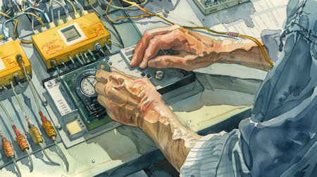 Watercolor art of technician's hands adjusting controls on complex electronic device, surrounded by...