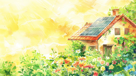 Watercolor Illustration of a Charming Suburban House with Solar Panels Surrounded by Lush Garden. Concept of Sustainable Living, Green Energy, Eco-Friendly Homes, and Natural Beauty.の写真素材