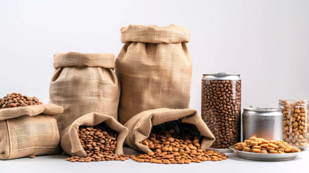 Assortment of Pet Food Bags and Cans with Various Types of Cat Feed. Concept of pet nutrition,...