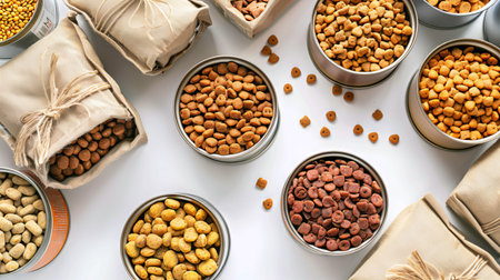 Variety of cans and bags of dry cat food on white background. Concept of pet nutrition, feline health, and balanced diet for cats. Top view.の写真素材