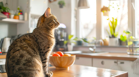 Serene Tabby Cat Enjoying Sunlight in a Cozy Kitchen Setting, Concept of Domestic Tranquility, Warm Interiors, and Feline Companionship.の写真素材