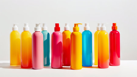 Vibrant Colorful Blank Beauty Product Bottles Showcasing Bright Packaging Design and Branding Concepts for Modern Cosmetics. Mockup. Copy space.の写真素材