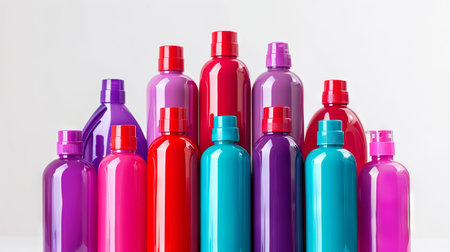 Colorful Blank Beauty Product Bottles Arranged in a Creative Formation. Concept of Skincare Packaging, Beauty Industry, Product Design, Vibrant Cosmetics Display. Mockup.の写真素材