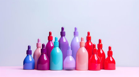 Vibrant Assortment of Colorful Beauty Product Bottles on Pastel Background. Concept of Skincare, Cosmetics, Self-Care, and Wellness. Mockup. Copy space.の写真素材